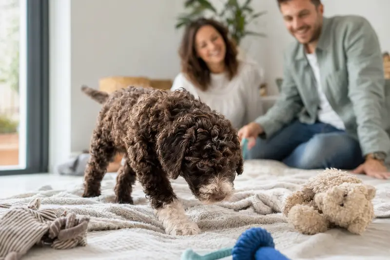 Ein neugieriger Perro de agua Americano Welpe erkundet seinen neuen Lebensraum mit einer weichen Decke und einem Spielzeug, während eine liebevolle Familie im Hintergrund zu sehen ist.