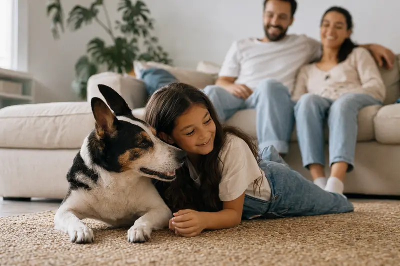 Ein freundlicher Perro de Ganado Majorero liegt entspannt neben einem Kind im hellen Wohnzimmer, während die Eltern im Hintergrund eine sichere Familienatmosphäre schaffen.