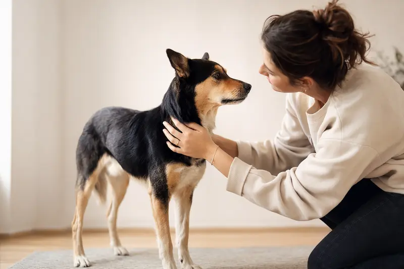 Ein aufmerksamer Perro de Ganado Majorero steht in natürlicher Haltung vor hellem Hintergrund als realistisches Hundeportrait.