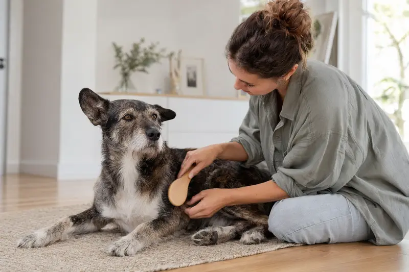 Ein Perro de Ganado Majorero wird zuhause sanft gebürstet, während sein Besitzer die Fellpflege liebevoll übernimmt.