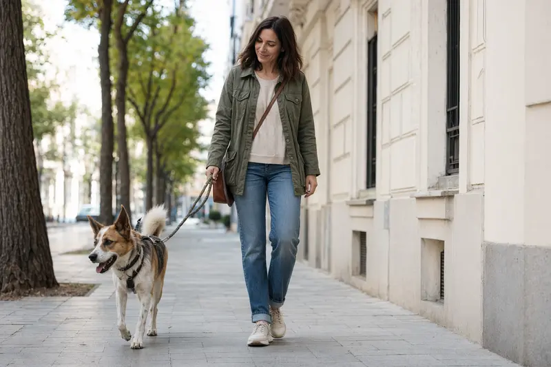 Ein Perro de Ganado Majorero läuft an der Leine mit seinem Besitzer durch eine moderne Stadtstraße.