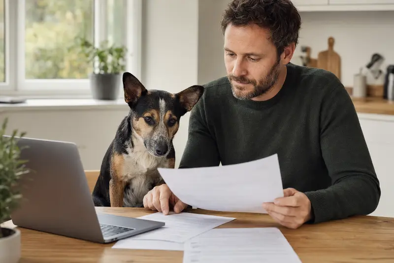Ein Perro de Ganado Majorero sitzt ruhig neben seinem Besitzer am Küchentisch mit Versicherungsunterlagen und Laptop.