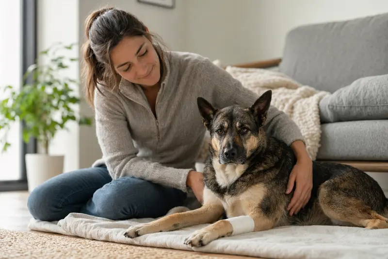 Ein Perro de Ganado Majorero mit leicht verbundenem Pfötchen liegt ruhig auf einer Decke, während sein Besitzer erleichtert neben ihm sitzt.