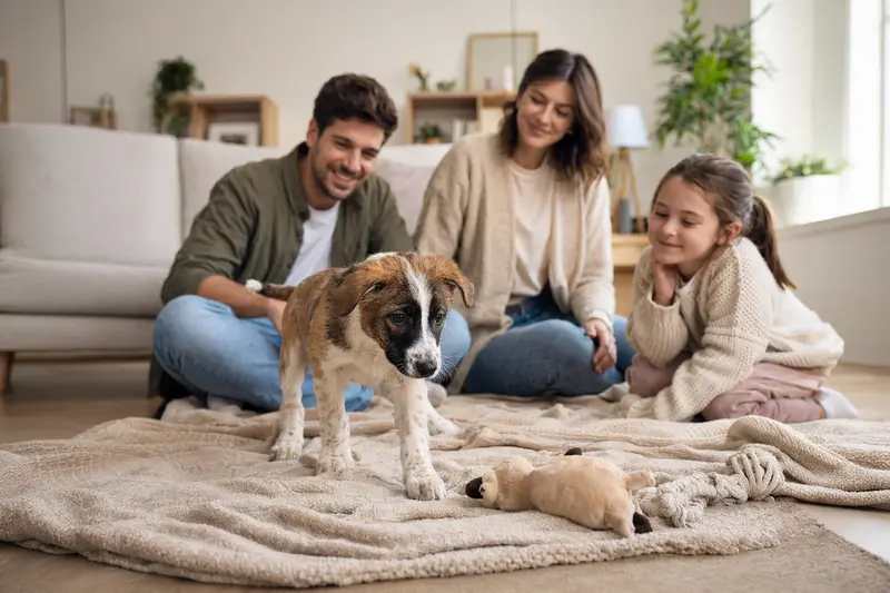 Ein junger Perro de Ganado Majorero Welpe erkundet neugierig sein neues Zuhause mit einer weichen Decke und Spielzeug, während eine liebevolle Familie im Hintergrund zu sehen ist.