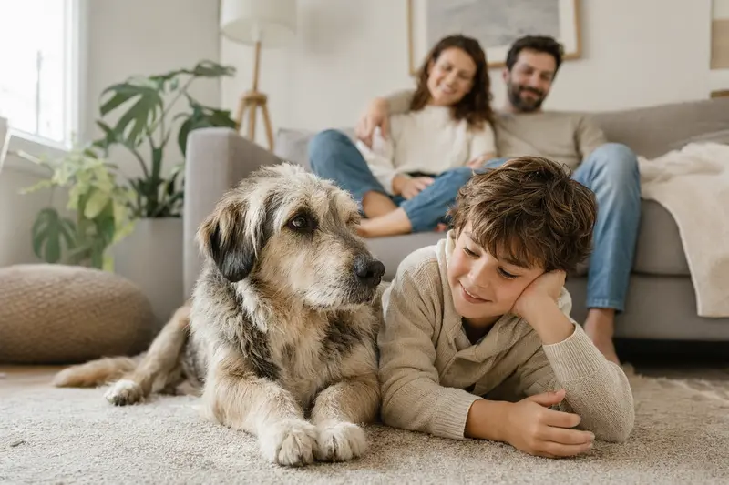 Ein freundlicher Perro de los Paramos liegt entspannt neben einem Kind im hellen Wohnzimmer, während die Eltern im Hintergrund eine sichere Familienatmosphäre schaffen.