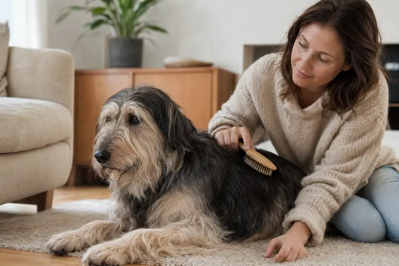 Ein Perro de los Paramos wird zuhause sanft gebürstet, während sein Besitzer liebevoll die Fellpflege übernimmt.