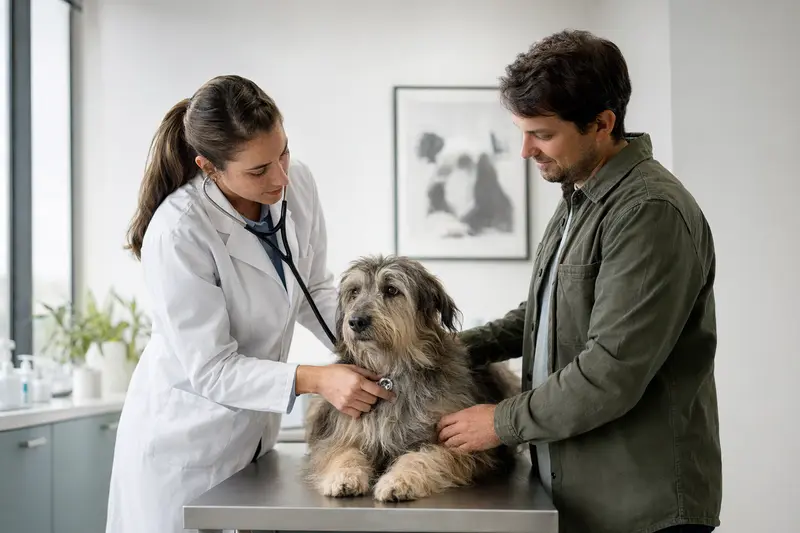 Eine Tierärztin untersucht einen ruhigen Perro de los Paramos mit dem Stethoskop in einer hellen Tierarztpraxis, während der Besitzer beruhigend danebensteht.