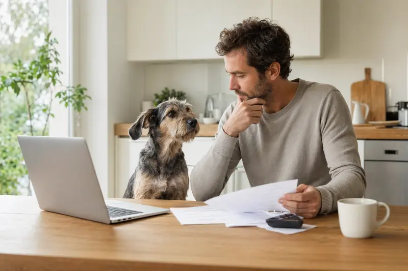 Ein Perro de los Paramos sitzt ruhig neben seinem Besitzer am Küchentisch, während Versicherungsunterlagen und ein Laptop mit einer neutralen Vergleichsseite die Hundekrankenversicherung veranschaulichen.