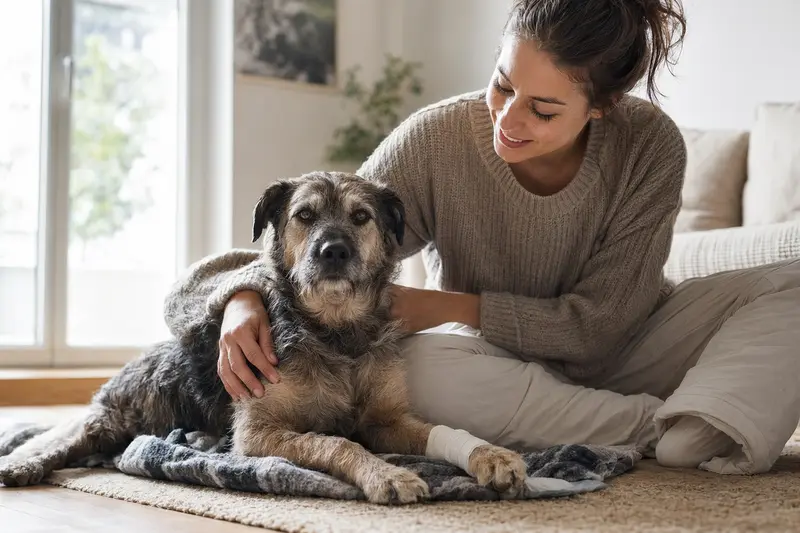 Ein Perro de los Paramos mit leicht verbundenen Pfote liegt ruhig auf einer Decke, während sein Besitzer neben ihm erleichtert sitzt.