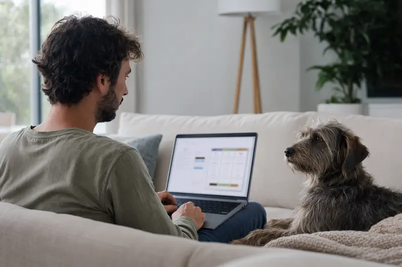 Ein Hund sitzt neben einem Besitzer, der am Laptop sitzt und sich über Tierkrankenversicherungen informiert.