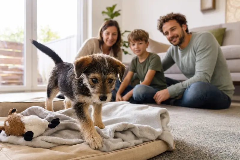 Junger Perro de los Paramos Welpe entdeckt neugierig sein neues Zuhause in einer hellen Wohnung mit weicher Decke und Spielzeug.