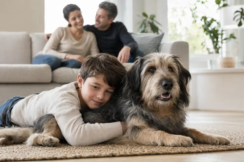 Ein Perro de Pastor Catalan liegt entspannt neben einem Kind im hellen Wohnzimmer und vermittelt eine sichere Familienatmosphäre.