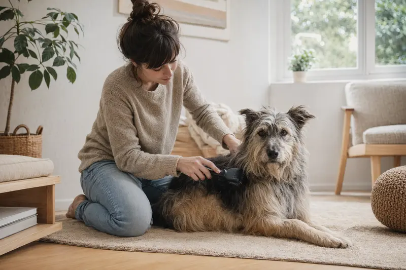 Ein Perro de Pastor Catalan wird zu Hause sanft gebürstet und gepflegt.