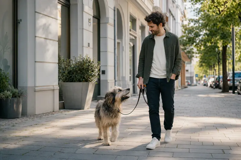 Ein Perro de Pastor Catalan läuft an der Leine mit seinem Besitzer durch eine moderne Stadtstraße im Alltag.