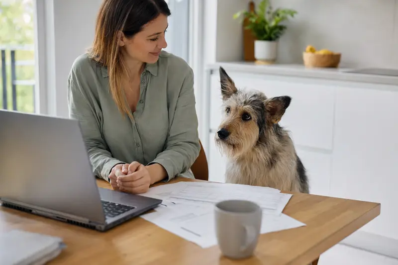 Ein Perro de Pastor Catalan sitzt ruhig neben seinem Besitzer am Küchentisch mit Versicherungsunterlagen und Laptop mit Vergleichsseite in heller Wohnung.