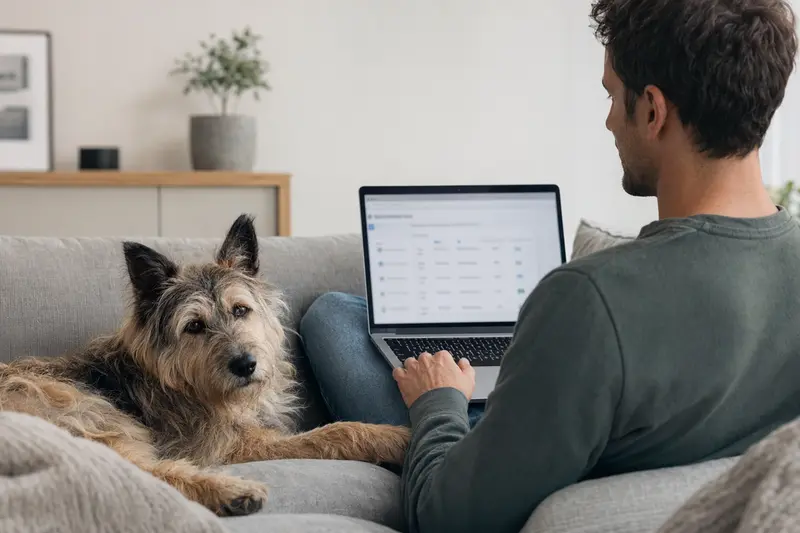 Ein Hundebesitzer sitzt auf dem Sofa mit einem Laptop, während ein Perro de Pastor Catalan neben ihm liegt.