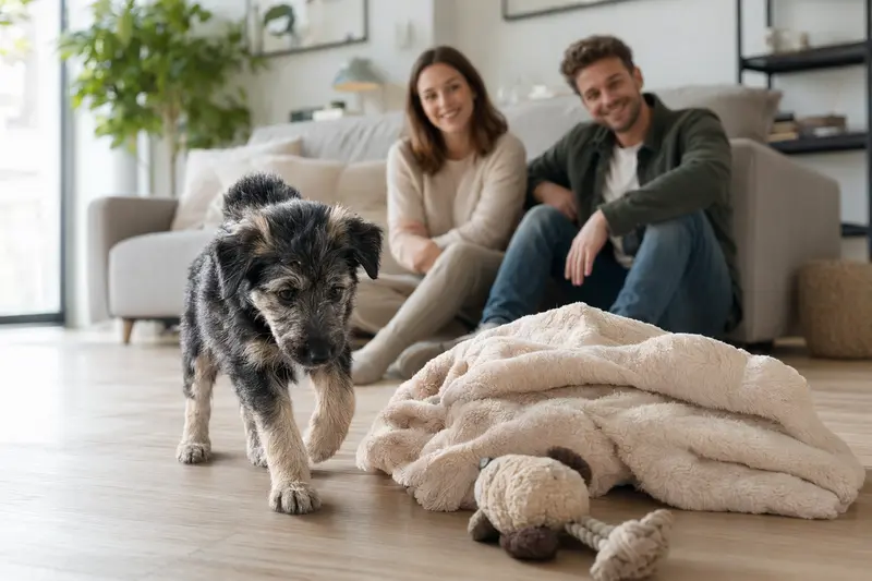 Ein junger Perro de Pastor Catalan Welpe erkundet neugierig sein neues Zuhause auf einer weichen Decke zwischen Spielzeug in einer hellen Wohnung.