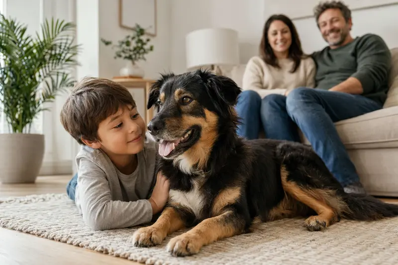 Ein freundlicher Perro de Pastor Mallorquin liegt entspannt neben einem Kind im hellen Wohnzimmer, während die Eltern im Hintergrund stehen.