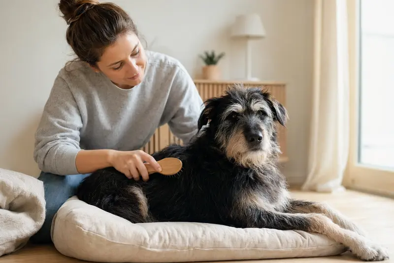 Ein Perro de Pastor Mallorquin wird in einer hellen Wohnung sanft vom Besitzer gebürstet.
