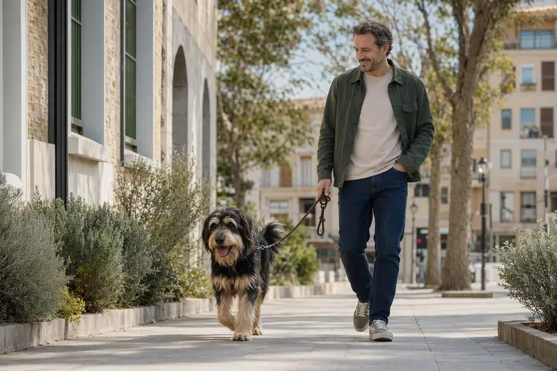 Ein Perro de Pastor Mallorquin läuft an der Leine neben seinem Besitzer durch eine moderne Stadtstraße.