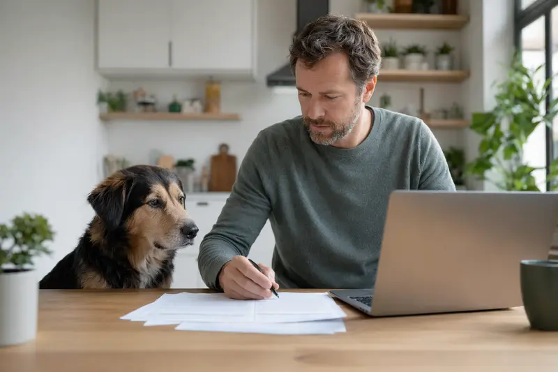 Ein Perro de Pastor Mallorquin sitzt ruhig neben seinem Besitzer am Küchentisch mit Versicherungsunterlagen und Laptop zur Tierkrankenversicherung.