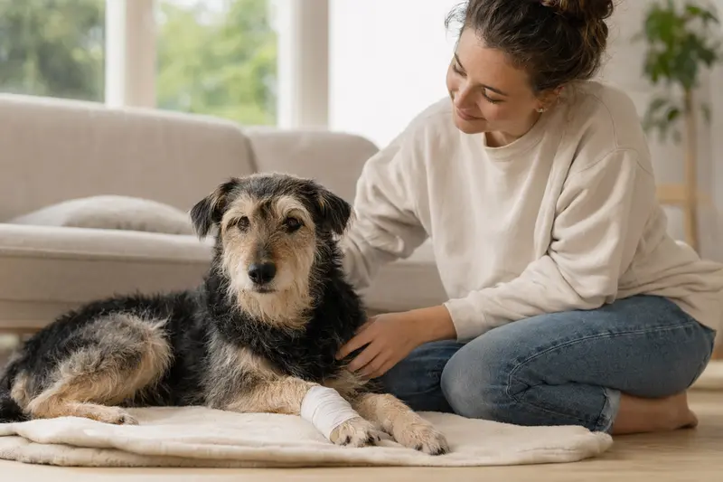 Ein Perro de Pastor Mallorquin mit leicht verbundenem Pfotenbereich liegt ruhig auf einer Decke neben seinem erleichterten Besitzer in einer hellen Wohnung.
