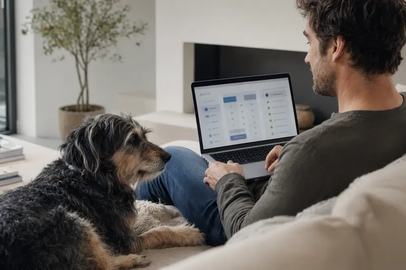 Ein Hundebesitzer sitzt auf dem Sofa mit einem Laptop, während ein Perro de Pastor Mallorquin neben ihm liegt.
