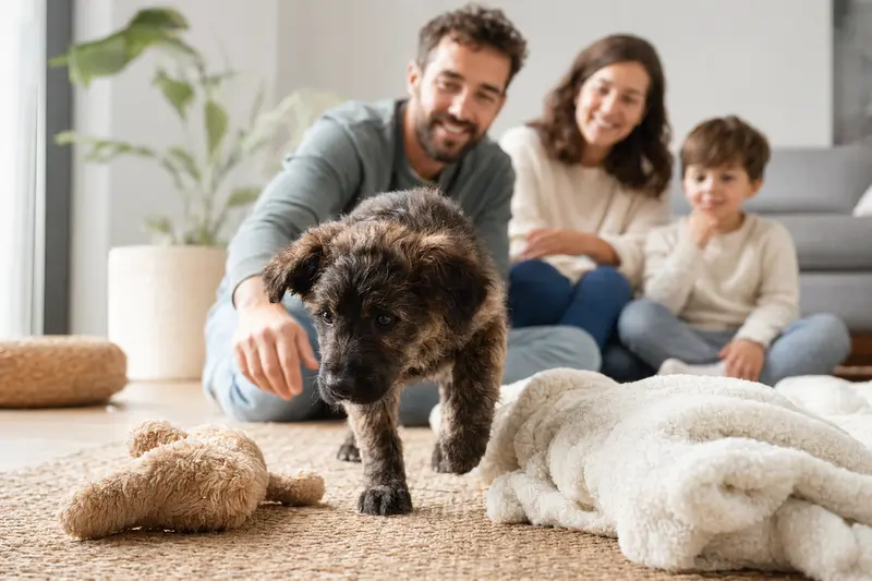 Ein neugeriger Perro de Pastor Mallorquin Welpe erkundet sein neues Zuhause mit einer weichen Decke und Spielzeug, während eine liebevolle Familie im Hintergrund zu sehen ist.