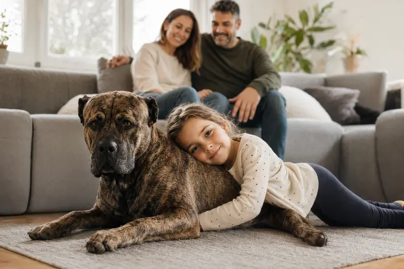 Ein freundlicher Perro de Presa Canario liegt entspannt neben einem Kind im hellen Wohnzimmer, während die Eltern im Hintergrund eine sichere Familienatmosphäre schaffen.