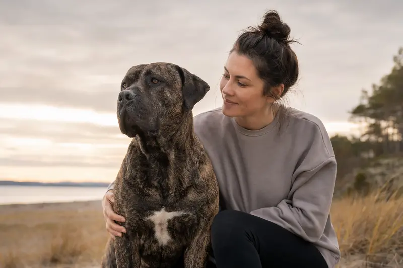 Perro de Presa Canario Hund in aufmerksamem Stand vor hellem neutralem Hintergrund.