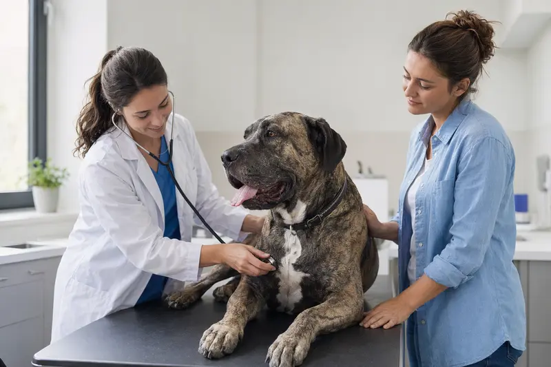 Eine Tierärztin untersucht einen ruhigen Perro de Presa Canario mit dem Stethoskop in einer modernen Tierarztpraxis, während der Besitzer beruhigend daneben steht.