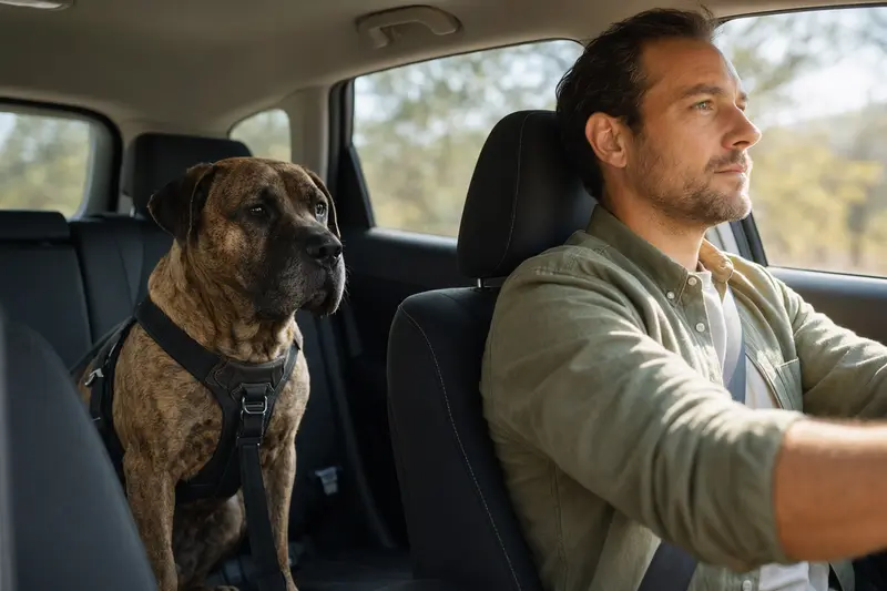 Ein Perro de Presa Canario sitzt sicher angeschnallt auf der Rückbank eines Autos, während der Besitzer ruhig fährt.