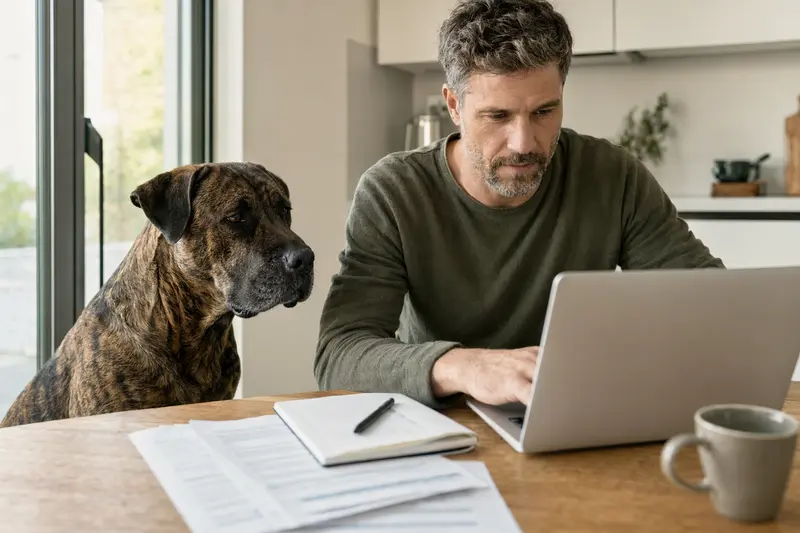 Ein Perro de Presa Canario sitzt ruhig neben seinem Besitzer am Küchentisch mit Versicherungsunterlagen und Laptop, während eine Hundekrankenversicherung verglichen wird.