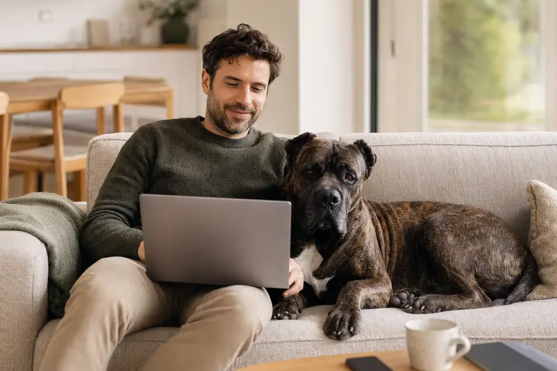 Ein Besitzer mit Laptop auf dem Sofa neben einem Perro de Presa Canario Hund, der eine neutrale Versicherungsvergleichs-Oberfläche betrachtet.