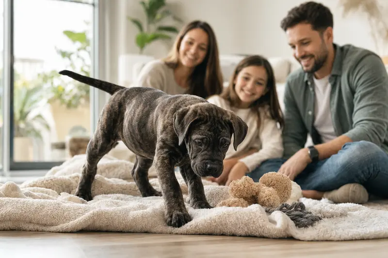 Neugieriger Perro de Presa Canario Welpe entdeckt in einer hellen Wohnung sein neues Zuhause mit weicher Decke, Spielzeug und Familie im Hintergrund.