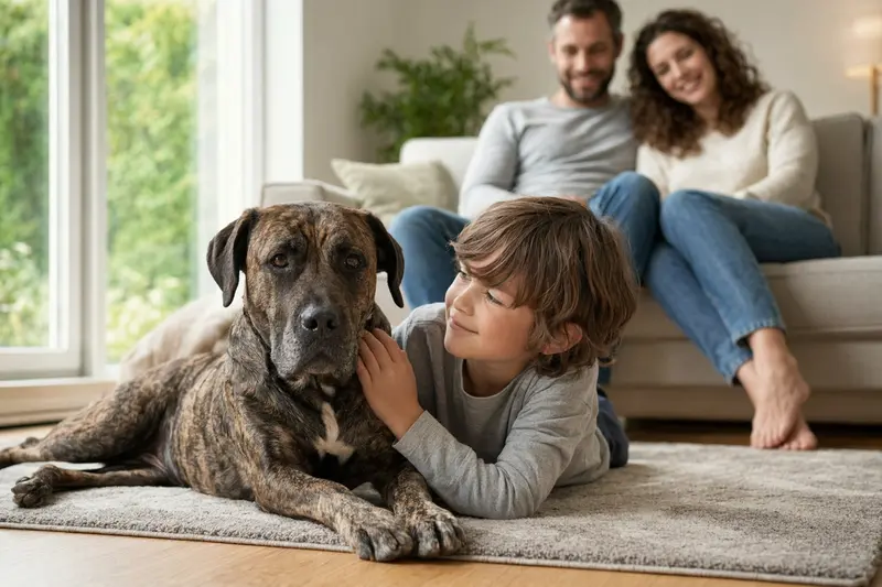 Ein Perro de Presa Mallorquin liegt entspannt neben einem Kind im Wohnzimmer, während die Eltern im Hintergrund eine sichere Familienatmosphäre schaffen.