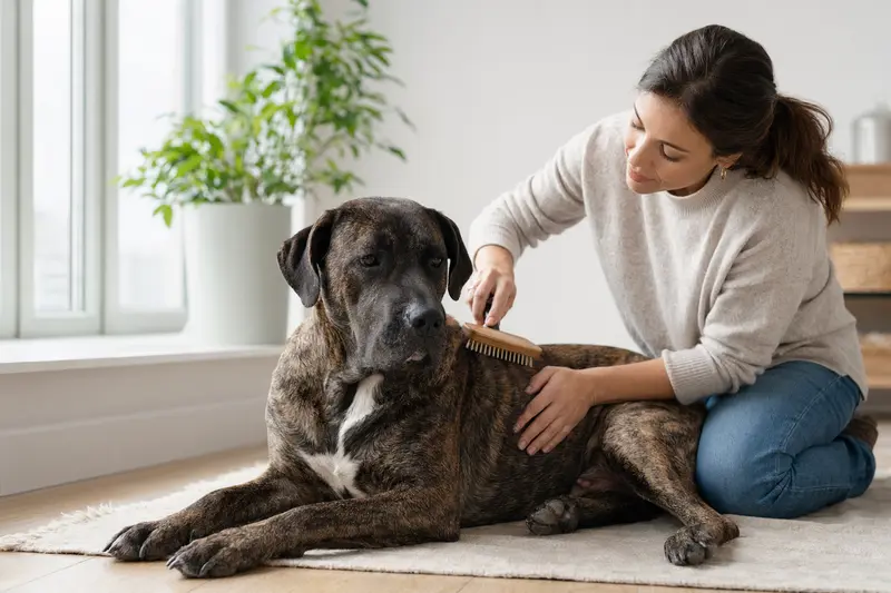 Ein Perro de Presa Mallorquin wird in einer hellen Wohnung sanft gebürstet, während sein Besitzer liebevoll die Fellpflege übernimmt.