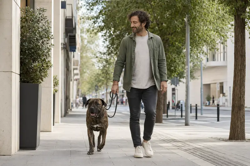 Ein Perro de Presa Mallorquin läuft an der Leine mit seinem Besitzer durch eine freundliche moderne Stadtstraße.