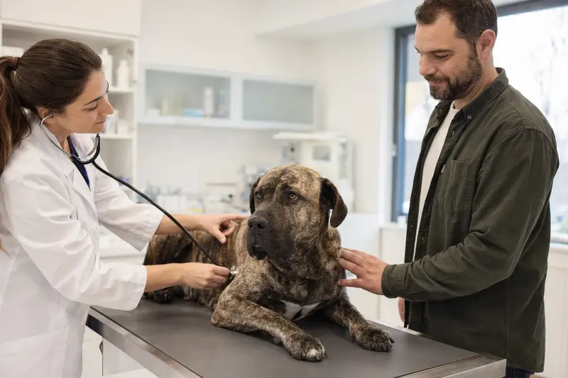 Ein Perro de Presa Mallorquin Hund wird freundlich von einer Tierärztin auf einem Untersuchungstisch untersucht.