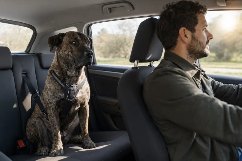 Ein Perro de Presa Mallorquin sitzt sicher angeschnallt auf der Rückbank eines Autos, während der Besitzer ruhig fährt.