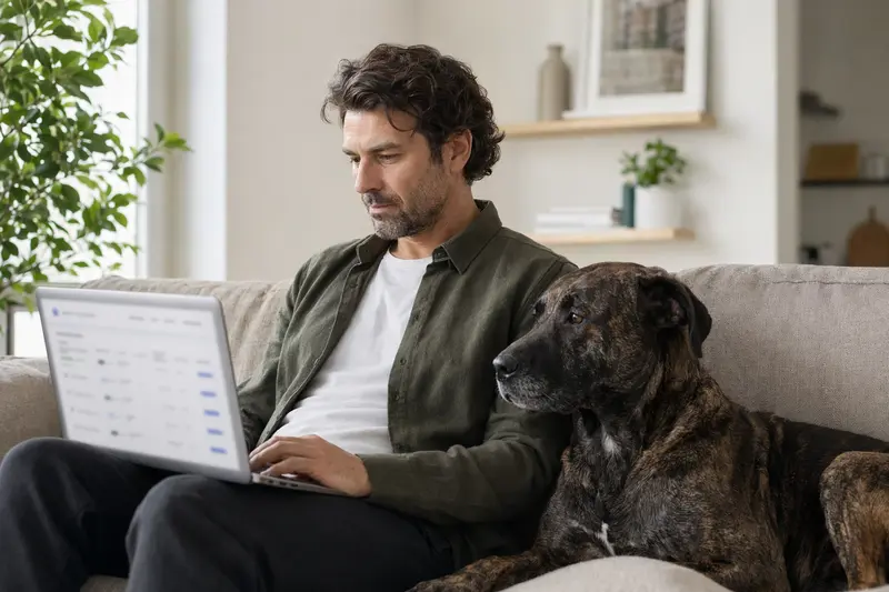 Ein Hundebesitzer mit einem Perro de Presa Mallorquin sitzt entspannt auf dem Sofa und vergleicht Tierversicherungen auf seinem Laptop.
