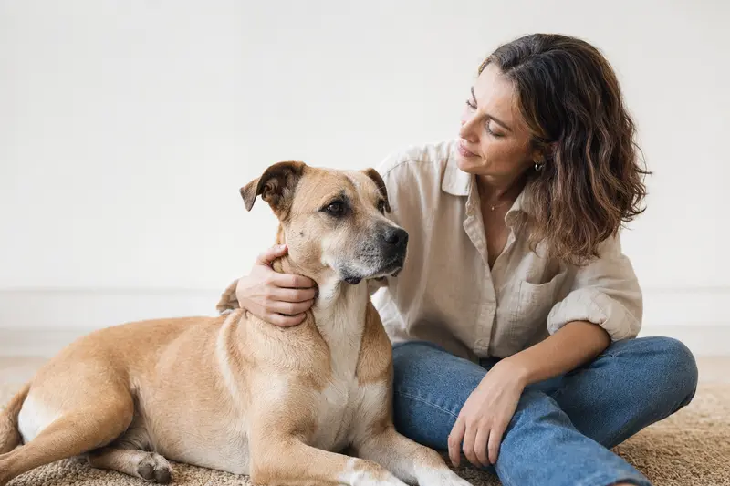 Ein aufmerksamer Perro Dogo Mallorquin steht als realistisches Hundeporträt vor hellem Hintergrund.