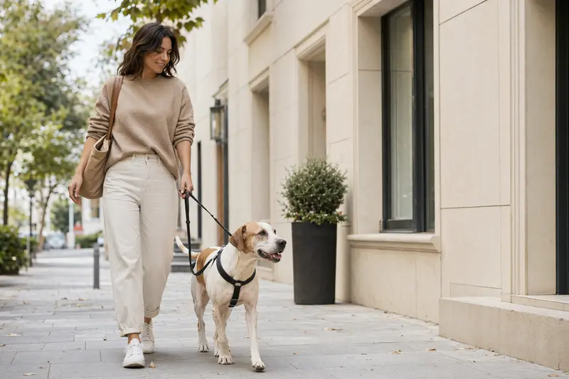 Ein Perro Dogo Mallorquin läuft an der Leine mit seinem Besitzer durch eine moderne Stadtstraße.