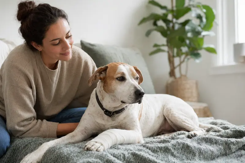 Ein Perro Dogo Mallorquin mit leichtem Verband an der Pfote liegt ruhig auf einer Decke, während sein Besitzer neben ihm erleichtert sitzt.