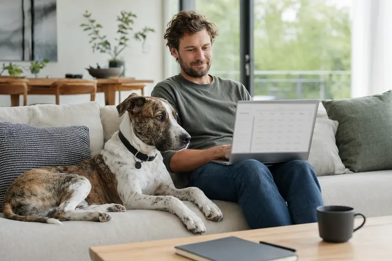 Ein Besitzer sitzt mit Laptop auf dem Sofa neben einem Perro Dogo Mallorquin, wobei der Bildschirm eine neutrale Versicherungsvergleichs-Oberfläche zeigt.