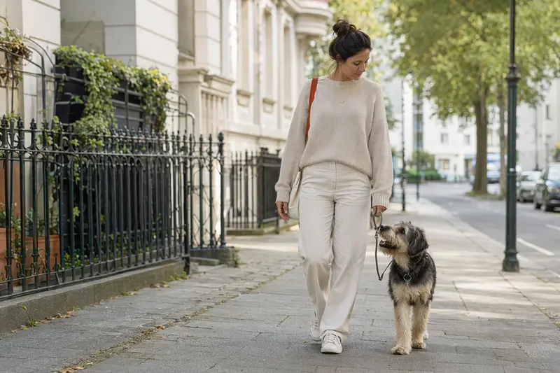 Ein Perro Gaucho Hund läuft an der Leine mit seinem Besitzer durch eine moderne Stadtstraße.
