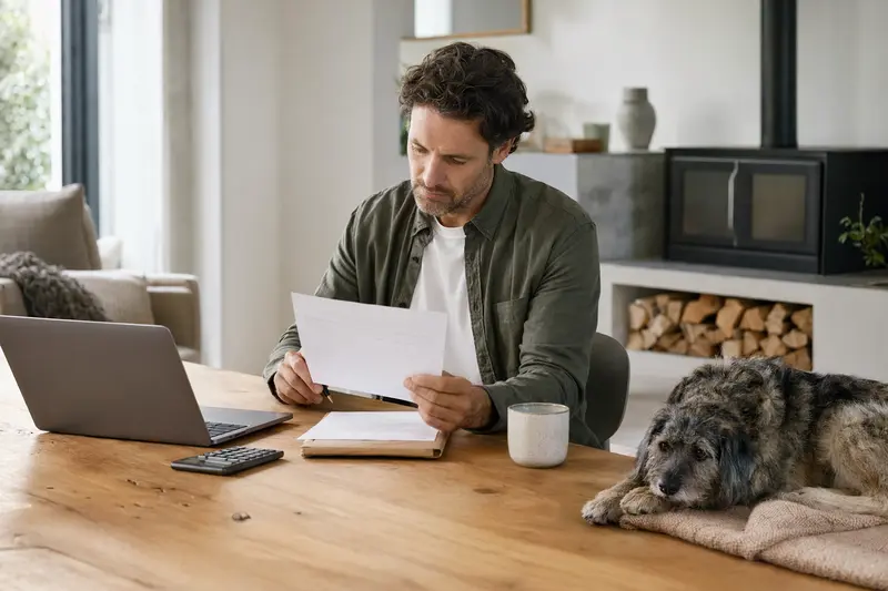 Ein Hundehalter sitzt mit einer Tierarztrechnung am Tisch, während sein entspannter Perro Gaucho auf einer Decke liegt und die ruhige Atmosphäre einer finanziellen Entscheidung im Zusammenhang mit der Hundeversicherung vermittelt.