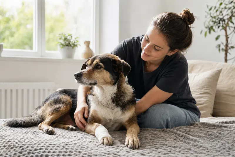 Ein Perro-Gaucho-Hund mit leicht bandagierter Pfote liegt ruhig auf einer Decke, während sein Besitzer daneben erleichtert sitzt.