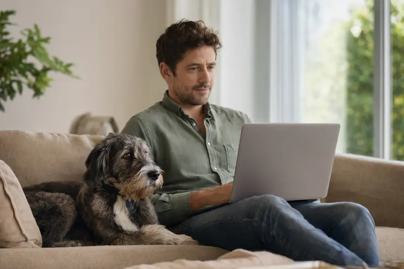 Ein Hundebesitzer sitzt mit Laptop auf dem Sofa, während ein Perro Gaucho Hund daneben liegt und die neutrale Versicherungsvergleichs-Oberfläche angezeigt wird.