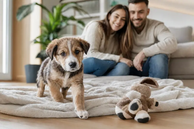 Ein neugieriger Perro Gaucho Welpe erkundet sein neues Zuhause mit Spielzeug und einer liebevollen Familie im Hintergrund.